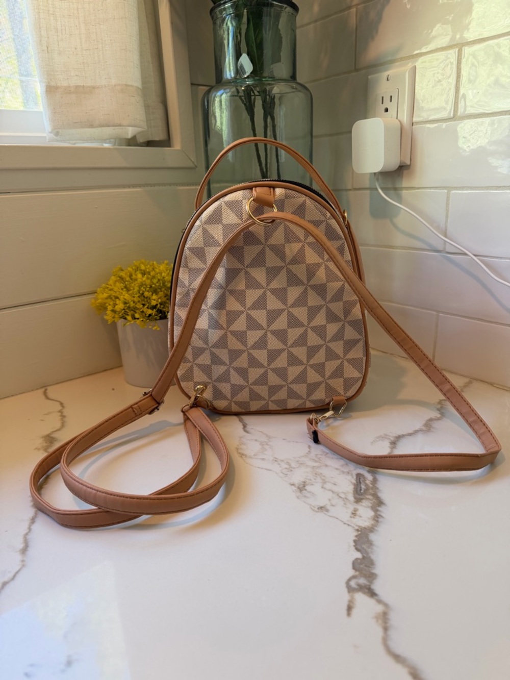 Beige Geometric Mini Backpack Handbag - Picture 2 of 3